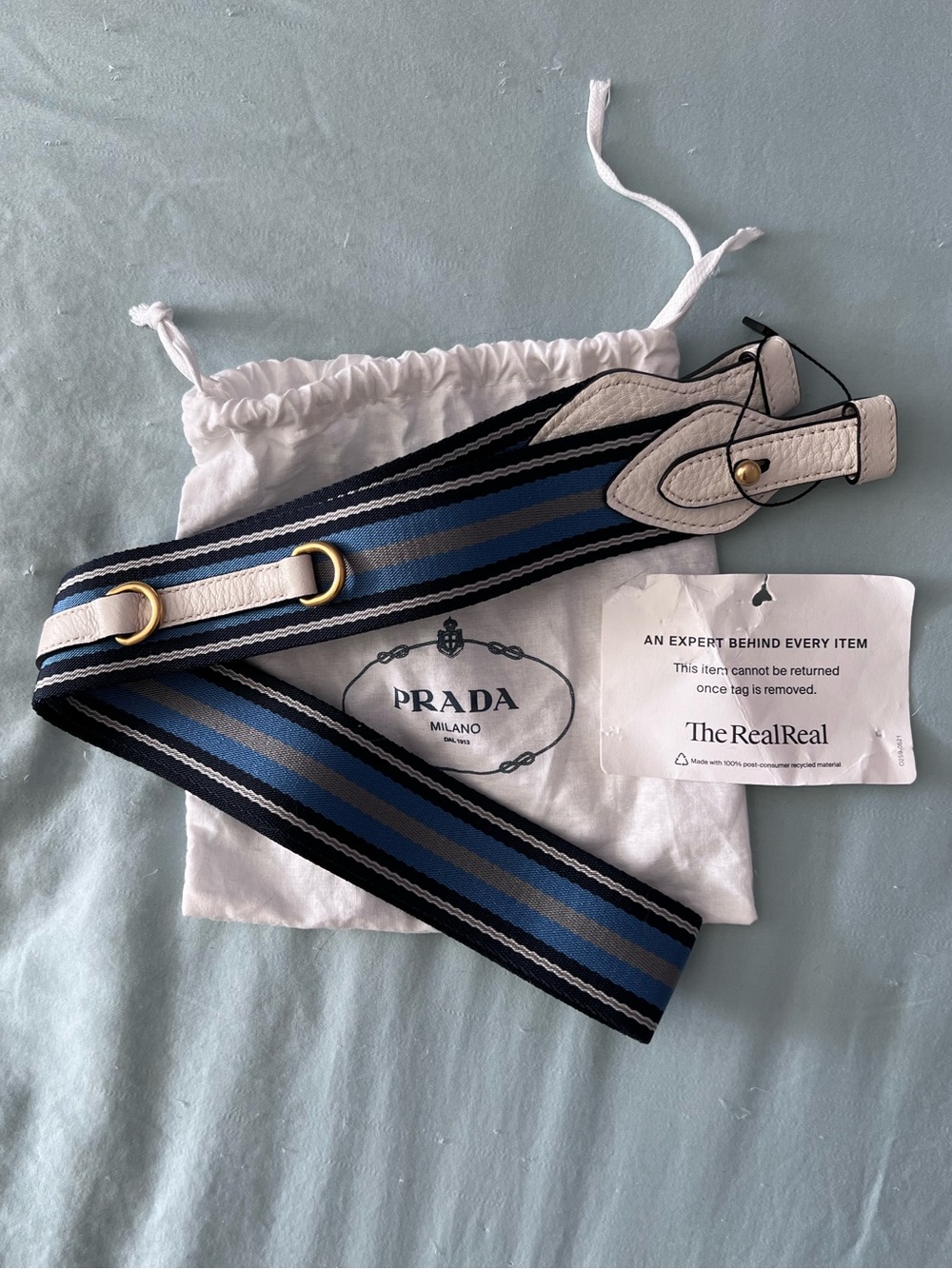 Prada Striped Blue, Navy and White Shoulder Bag Strap with Gold Hardware